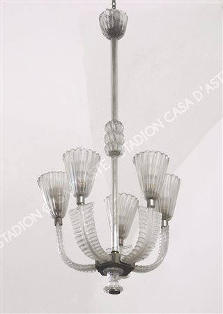 Lampadario a sospensione in vetro di Murano a 5 luci. H. cm. 140. (difetti).