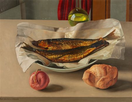 Ugo Celada Da Virgilio (Borgo Virgilio 1895-Varese 1995)  - Natura morta con pesci