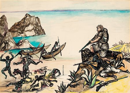 Renato Guttuso (Bagheria 1911-Roma 1987)  - Robinson Crosuè /Assalto, 1950