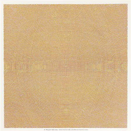 SOL LEWITT 
Blue grid, black circles, red arcs from four sides, and yellow arcs from four corners, 1972