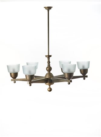 Lampadario a sei luci con struttura in ottone e con coppe diffusori in vetro so