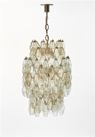 Paolo Venini Lampadario a poliedri in vetro incolore soffiato in stampo e legger