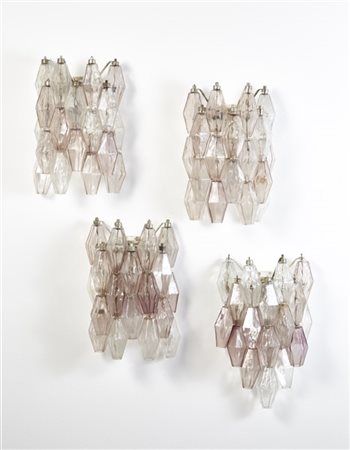 Paolo Venini Lotto di quattro appliques a poliedri in vetro incolore e ametista