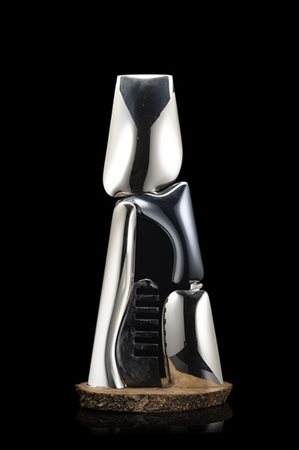 Scultura in argento 925, argento brunito, rame e legno grezzo. Argentiere Gabri