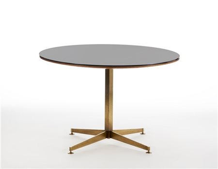 Tavolo da pranzo con piano circolare in legno impiallacciato teak e sovrappiano