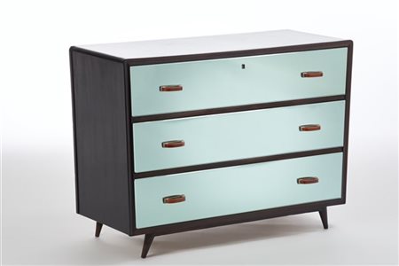 Cassettone in legno impiallacciato e massello ebanizzato, tre cassetti rivestit