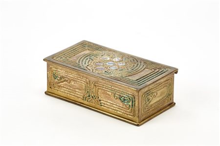 Tiffany Studios Scatola porta francobolli Art Nouveau in fusione di bronzo dorat