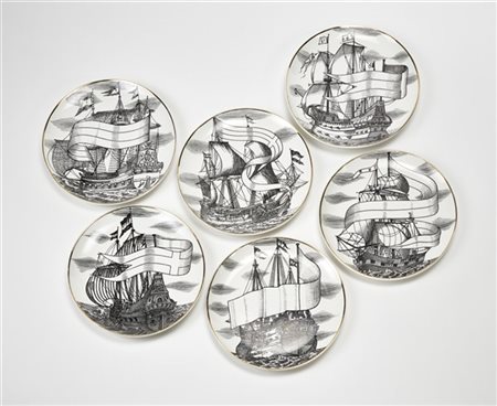 Piero Fornasetti Sei piatti della serie "Velieri". Milano, anni '60. Porcellana