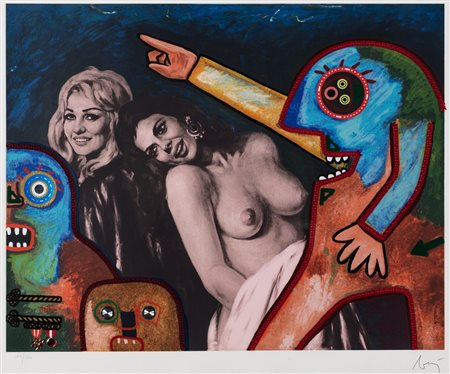 Enrico Baj (Milano 1924-Vergiate 2003)  - Ninon de Lenclos e Eleonora di Navarra sorprese dal duca di Enghien e figuranti, 1986