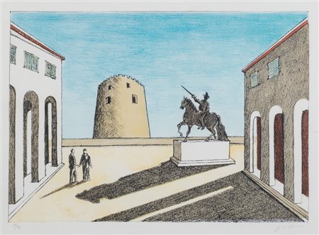 Giorgio de Chirico (Volos 1888-Roma 1978)  - Piazza d'Italia con statua equestre, 1973