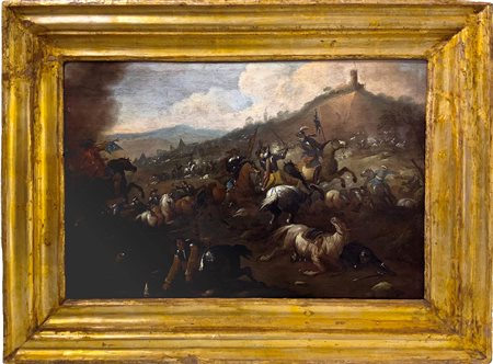Antonio Calza ( Verona 1653-1725). Scena bellica tra milizie europee, 73x100,...
