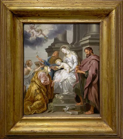 Pittore fiammingo del XVII Secolo. Santa Rosalia con Madonna e Gesù Bambino e...