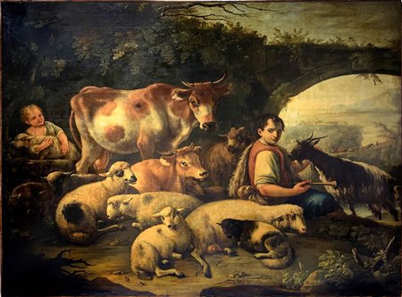 Giuseppe Tassoni (Roma 1645 o 1659- Napoli 1737). Paesaggio con armenti e...