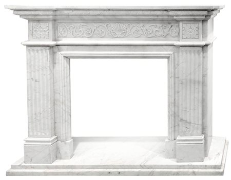 Camino in marmo bianco, stile neoclassico, XX Secolo. H cm 127x153x36