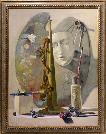 Saro Tricomi (Catania, 1937). Natura morta (Tavolozza, maschera e trombetta)....