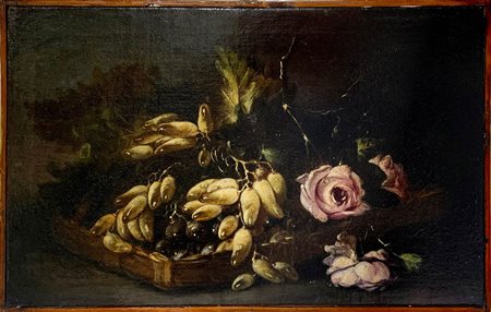 Pittore italiano del XVIII Secolo. Natura morta di uva e rose. 35x50, olio su...