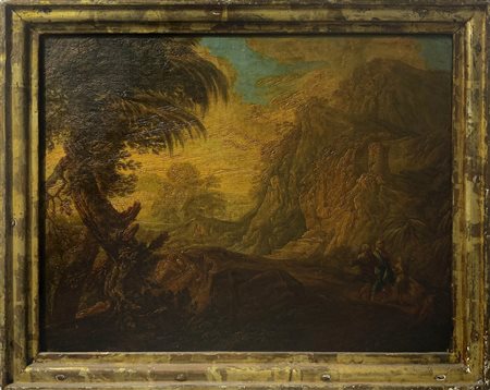Pittore italiano del XVIII Secolo. Paesaggio roccioso con figure. 36x42, olio...