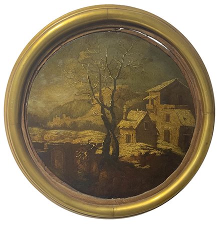 Pittore della seconda metà del XVIII Secolo. Tondo con paesaggio di casette...