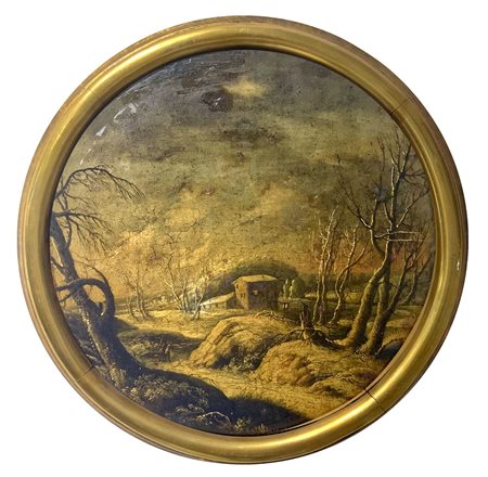 Pittore della seconda metà del XVIII Secolo. Tondo con paesaggio innevato....