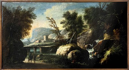 Pittore Italiano del XVIII secolo. Paesaggio con rovine, figure e armenti....
