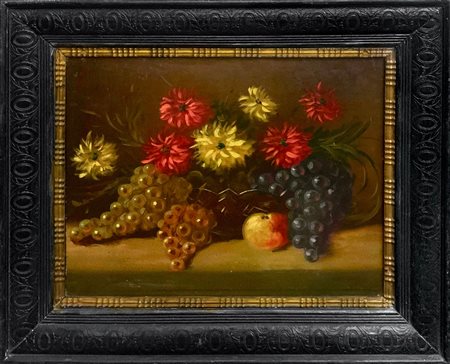 Pittore del XIX Secolo. Natura morta di fiori ed uva. Cm 40x50, olio su tela.