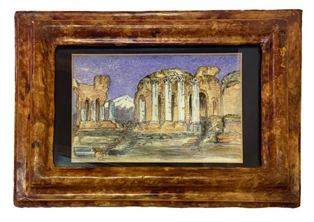 Pittore del XX secolo. Teatro greco di Taormina con veduta dell'Etna. Cm...