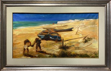 Ugo Attardi (1923, Genova-2006, Roma). Paesaggio con barche. 48x92, olio su...