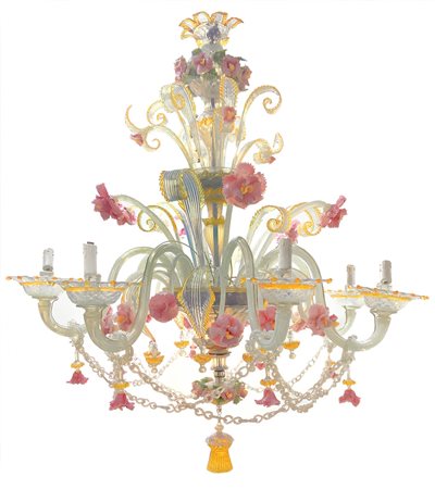 Lampadario in vetro di Murano colorato a 8 luci, XIX secolo. Colori pastello...