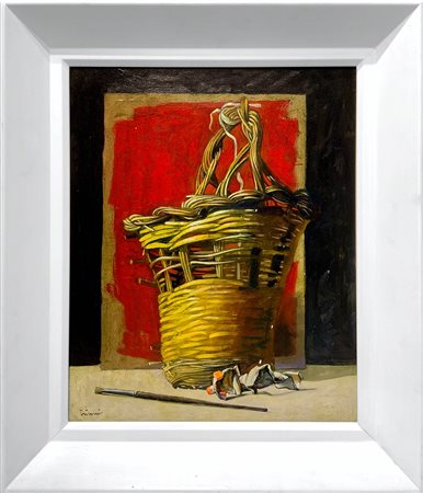 Saro Tricomi (Catania, 1937). Natura morta con cesto di vimini. 50x40, olio...