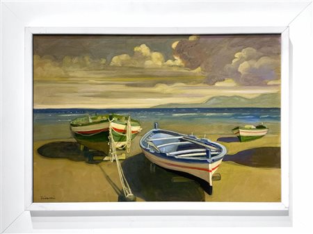 Saro Tricomi (Catania, 1937). Barche sulla spiaggia 35x50, olio su tela....