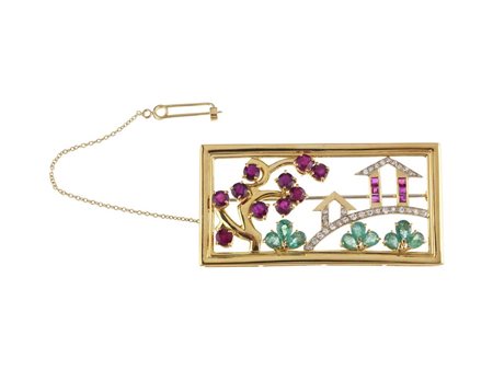 SPILLA IN ORO GIALLO, ORO BIANCO, DIAMANTI, RUBINI E SMERALDI di forma...