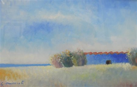 Giovanni Omiccioli BARACCA BLU A PASSOSCURO olio su cartone, cm 35,5x50,5...