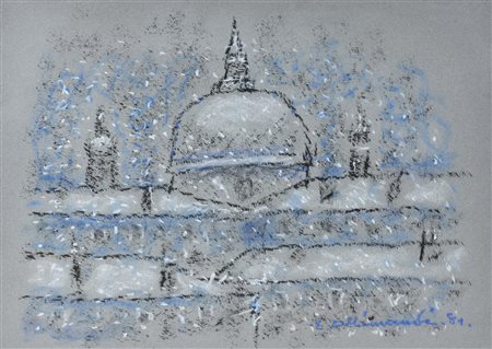 Enrico Allimandi VENEZIA SOTTO LA NEVE tecnica mista su carta, cm 45x60 sul...