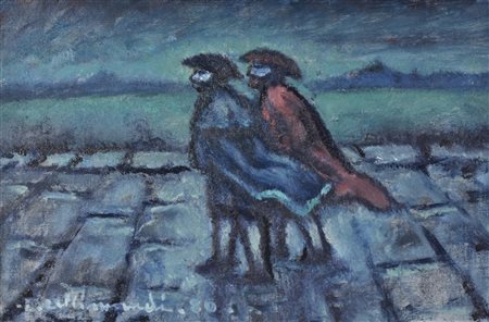 Enrico Allimandi MASCHERE olio su cartone telato, cm 30x45 sul fronte: firma...