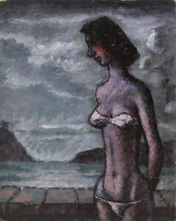Enrico Allimandi RAGAZZA AL MARE olio su cartone telato, cm 45x35 eseguito...