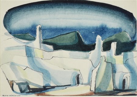 Bruno Conversano PAESAGGIO acquarello su carta, cm 10,5x15 sul fronte: firma