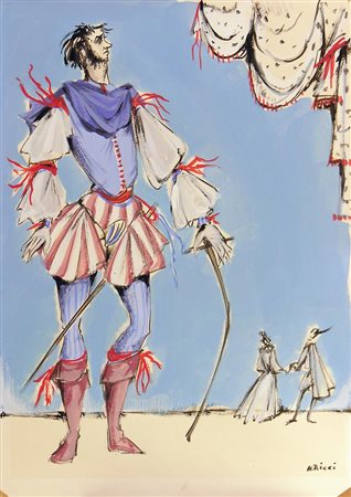 Nicola Ricci BOZZETTO PER COSTUME TEATRALE tempera su carta, cm 47x34 firmato...