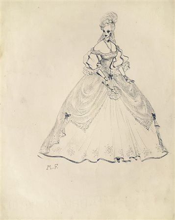 Ignoto STUDIO PER ABITO FEMMINILE matita e china su carta, cm 23x18 sigla...