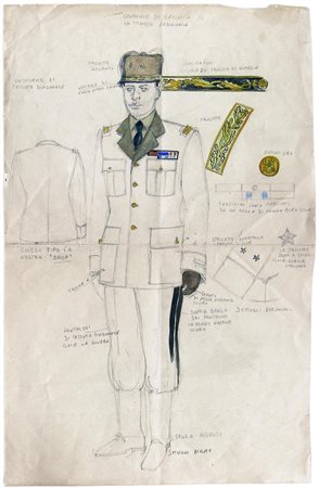 Anonimo STUDIO PER DIVISA MILITARE tecnica mista su carta, cm 43x27,5
