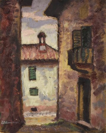 Enrico Allimandi QUARTIERE PAESANO olio su cartone, cm 45x35 sul fronte:...