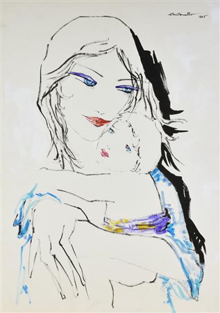 Antonello MATERNITA' tempera e gouache su cartone, cm 70x50 firmato e datato...