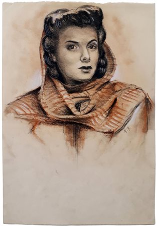 Ignoto RITRATTO FEMMINILE tecnica mista su carta, cm 30x20 sigla eseguita...