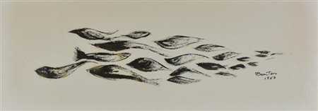 Bastos PESCI olio su carta, cm 34x83 sul fronte: firma e data eseguito nel...