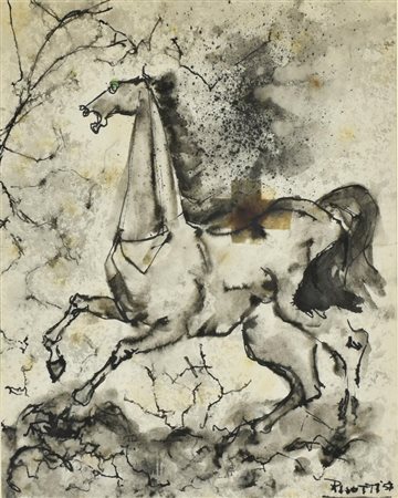 Paolo Pisotti CAVALLO acquerello e china su carta, cm 27,5x22 sul fronte:...