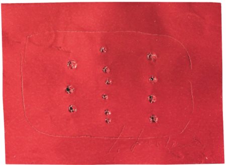 LUCIO FONTANA 1899 - 1968 CONCETTO SPAZIALE signed, holes and graffiti on red...