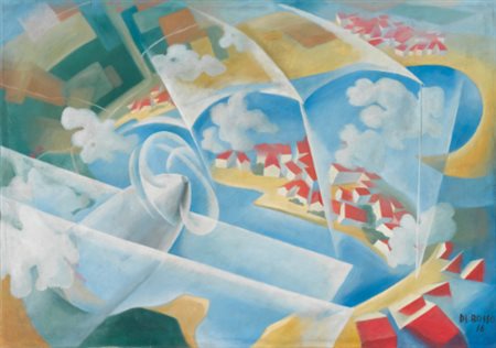 RENATO DI BOSSO 1905-1982 SORVOLANDO IL LAGO DI GARDA. AEROPITTURA signed and...