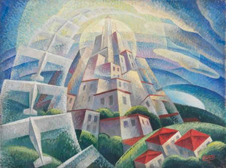 GERARDO DOTTORI 1889-1977 AEREI CITTÀ signed, oil on canvas. Executed in 1932...