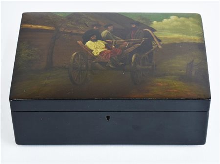 Cofanetto in lacca nera, coperchio dipinto con contadini su un carro Russia,...