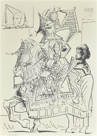 Pablo Picasso CAVALIERE E PAGGIO, 1951 litografia su carta, cm 48x34...