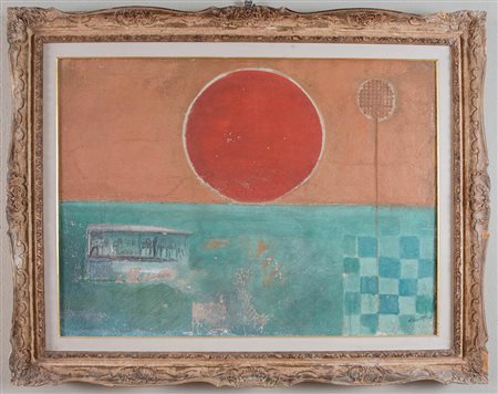 BRUNO SAETTI (Bologna 1902 - Bologna 1984). 'Paesaggio col sole', 1970. Affresco su...